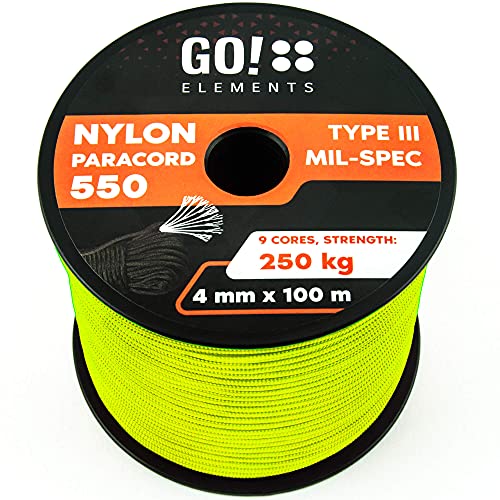 GO!elements 100m Paracord Seil aus reißfester Nylonschnur - 4mm Paracord 550 Typ III Schnur - geeignet als Allzweckseil & Reepschnur | Max. 250kg, Farbe:Neon
