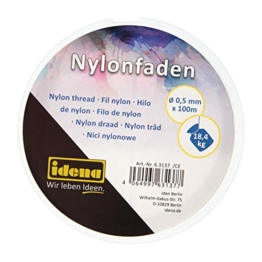 Idena 63137 - Transparenter Nylon-Faden auf Spule, unsichtbare Nylon-Schnur ca. 0,5 mm x 100 m, Tragkraft ca. 18,4 kg, zur Schmuckgestaltung, zum Basteln und Aufhängen von Mobiles, Fensterbildern uvm. - 1